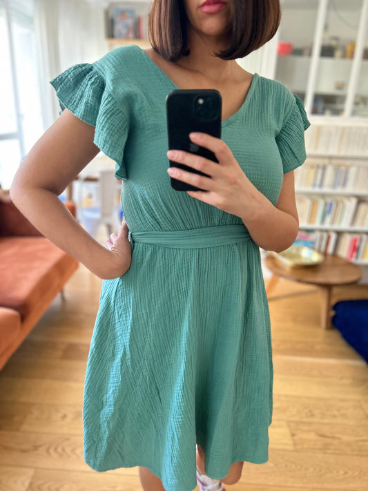 Robe ROMY gaze de coton vert amande